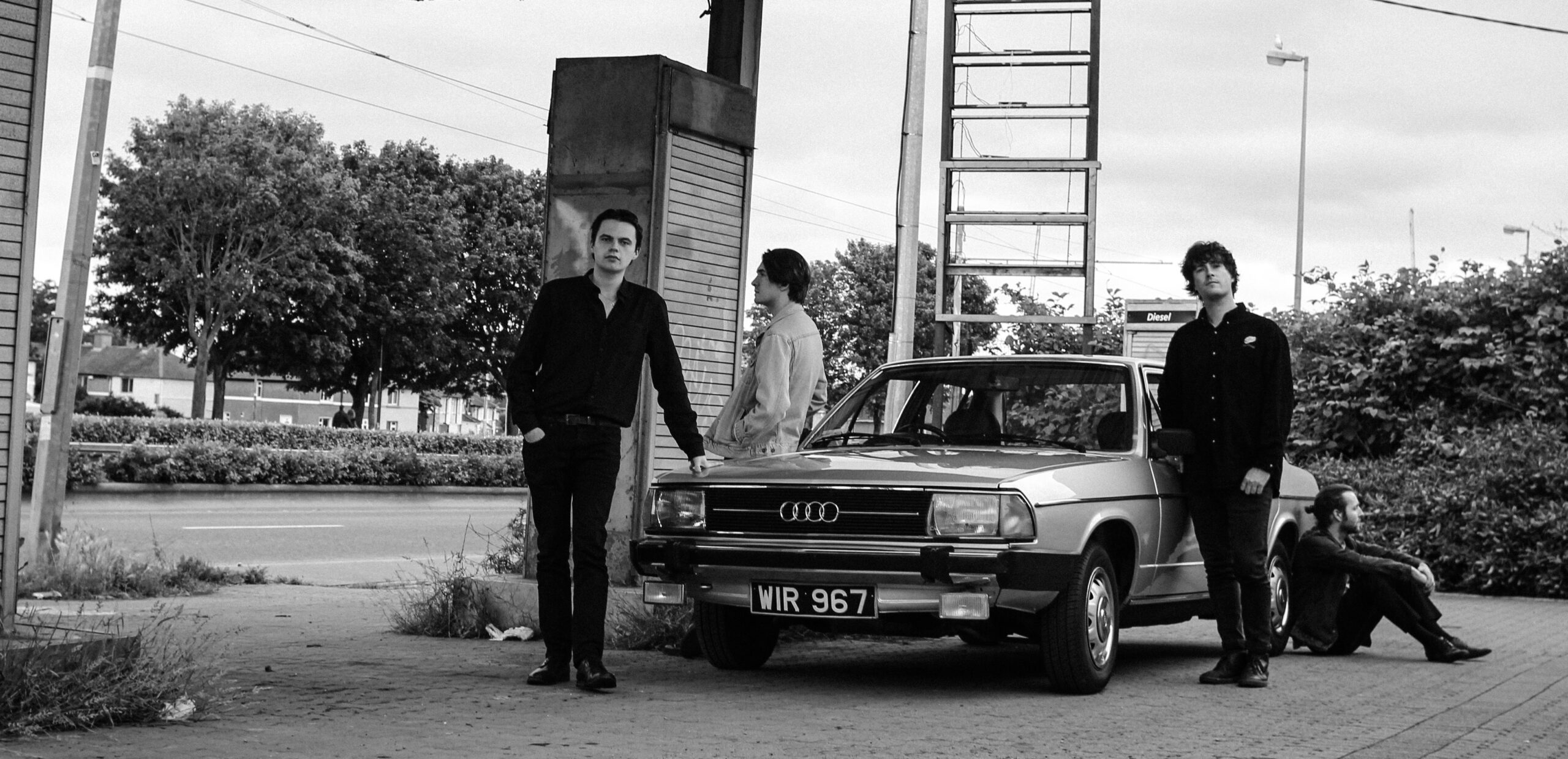 TV People press photo with classic Audi (black and white)